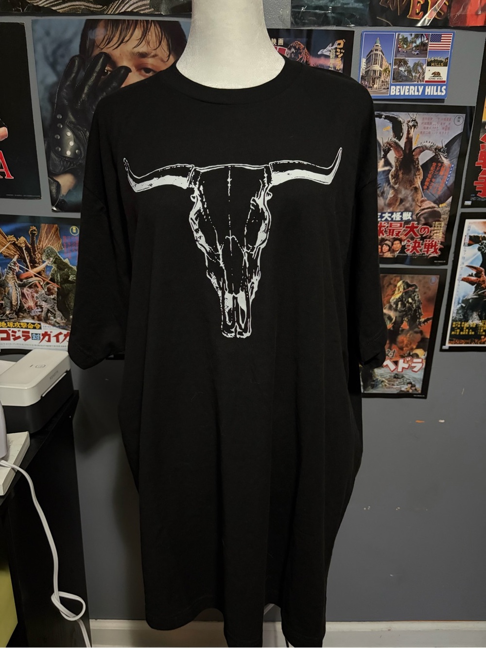 Tultex Black Short-Sleeve Tee with White Longhorn Skull Graphic